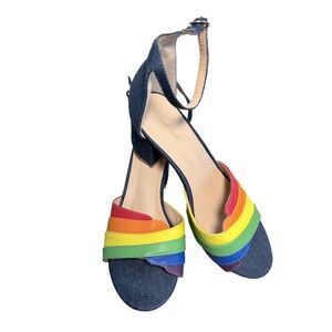 Modcloth Denim Block Heel Rainbow Strap Sandals Ankle Strap 8.5